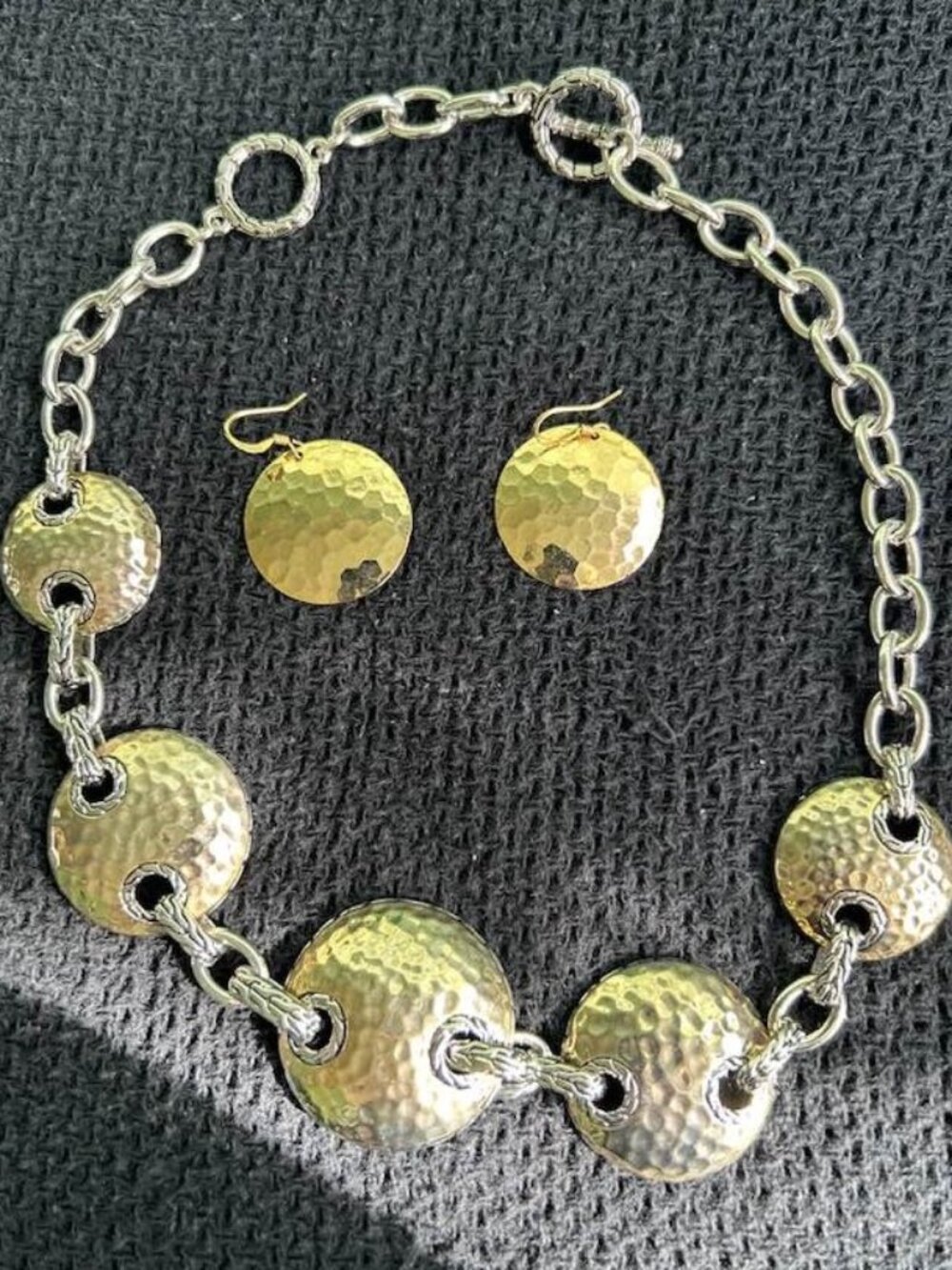 Hammered metal Two-Tone Necklace and Earring Set